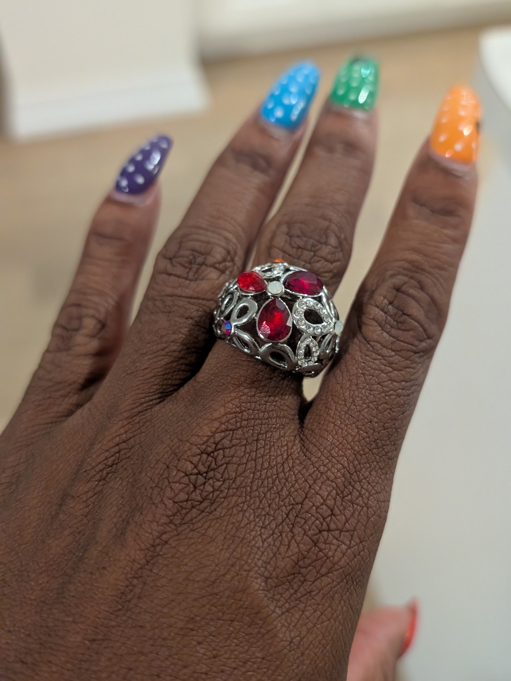 Sterling Silver-Style Red Gem Dome Cocktail Ring